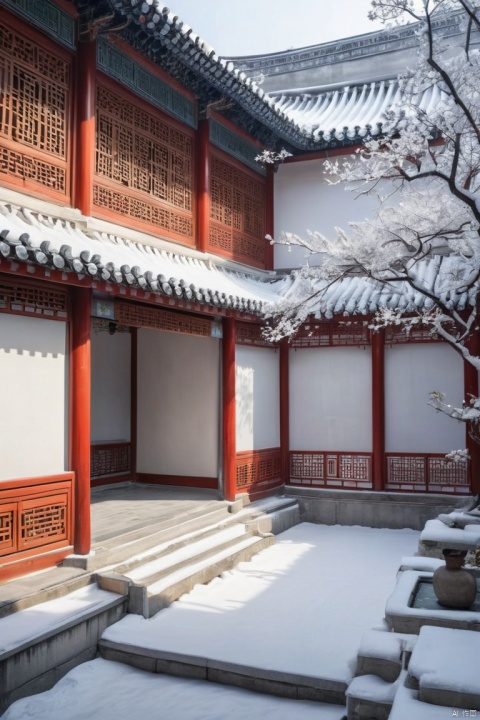snow flew in last night. pure white cover chinese courtyard, (masterpiece, best quality, perfect composition, very aesthetic, absurdres, ultra-detailed, intricate details, Professional, official art, Representative work:1.3)