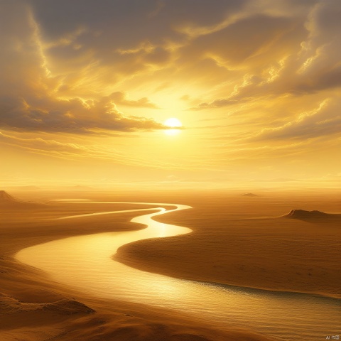 a vast desert expanse stretches far and wide, punctuated by a lone wispy cloud drifting across the sky. In the distance, a majestic river bends its course as the sun sets behind it, casting a warm golden glow on the tranquil scene