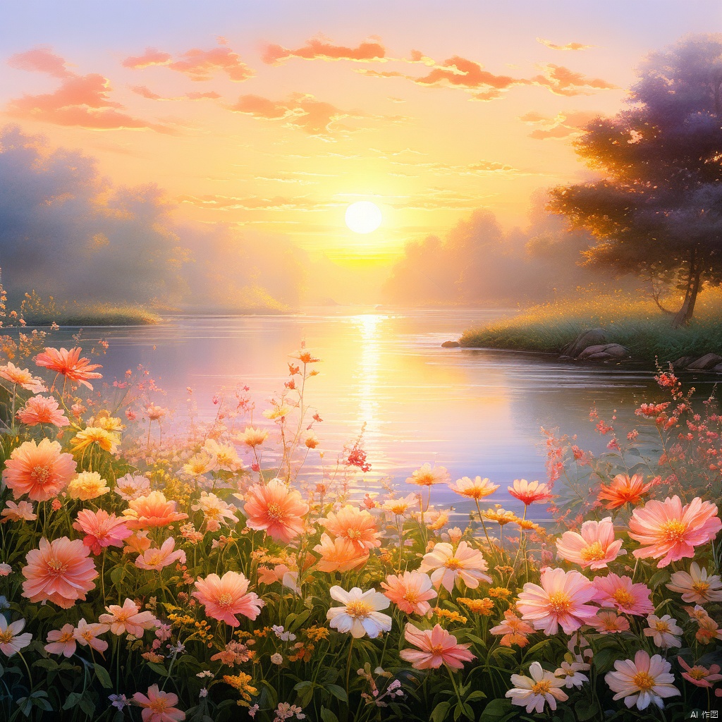 A serene riverbank landscape at dawn, bathed in soft golden light, teeming with life as hundreds of vibrant flowers bloom in harmony. Delicate petals unfurl, swaying gently to the warm breeze that stirs the earth. The air is filled with sweet fragrances as nature awakens from its slumber, painting a breathtaking tapestry of color and vitality