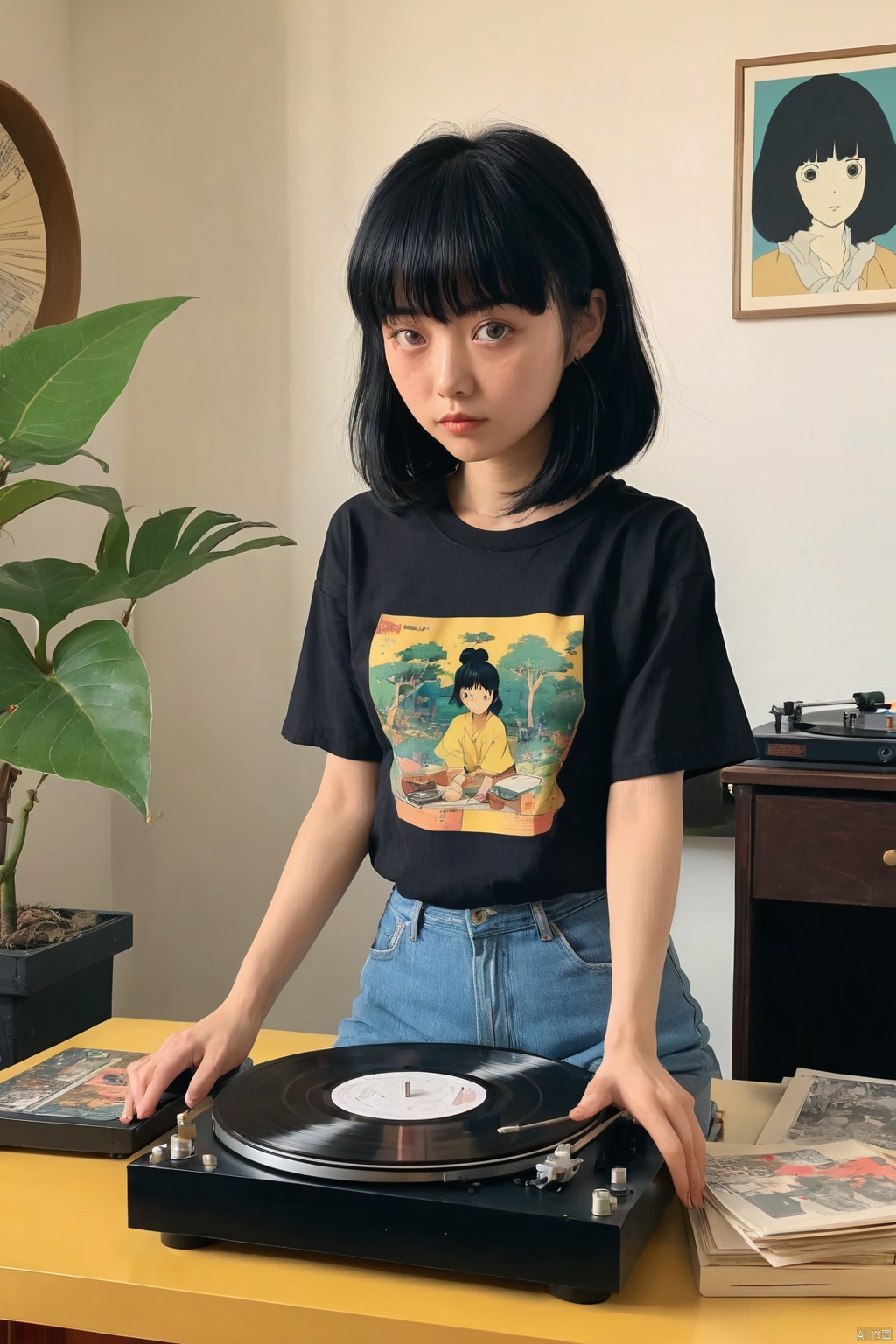 90s anime style, A girl is playing vinyl records on the turntable in her room. She has black hair and bangs that cover one eye, wearing an oversized T-shirt with short sleeves. The table where she plays the record lies at its edge, with the needle of the player resting between two records. On top there's an old music box shaped like a pear tree, in the style of Hayao Miyazaki, retro colors, (masterpiece, best quality, perfect composition, very aesthetic, absurdres, ultra-detailed, intricate details, Professional, official art, Representative work:1.3)