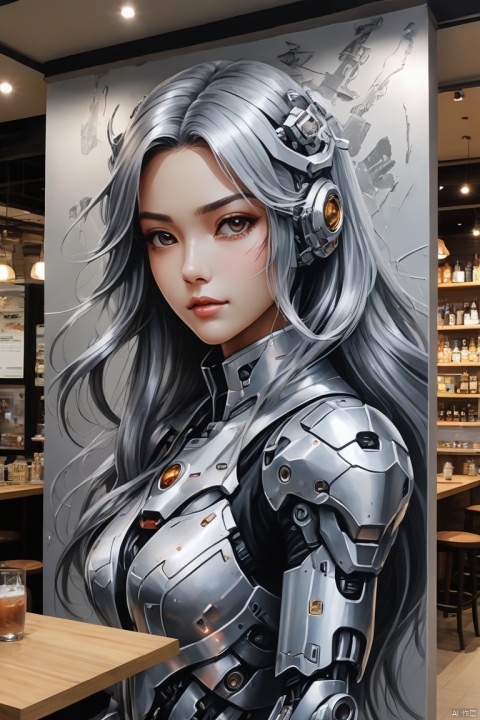 (wall painting:1.4) of mecha girl painted on cafe wall, (silver long hair), cafe decoration, cafe design, tables, ad, intricate, (best quality, masterpiece, Representative work, official art, Professional, 8k)