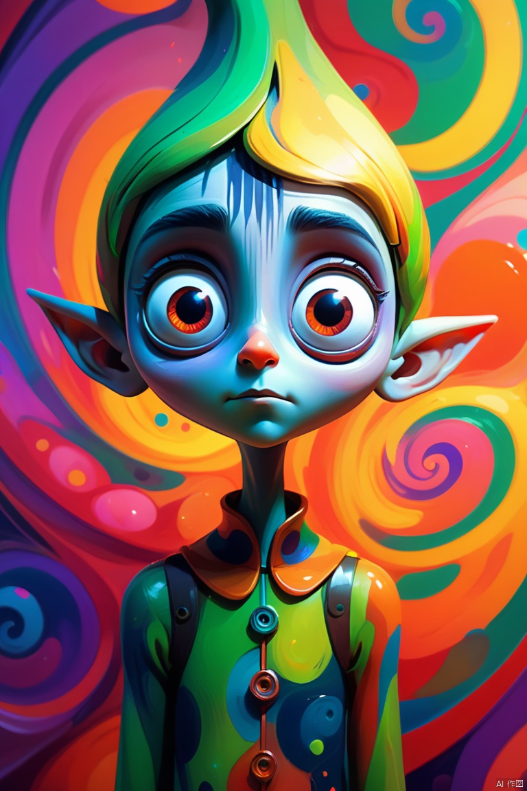 Pixar style, gloomy, Strange, big eyed elf, portrait, Psychedelic painting in front of colorful swirls, octane render, (best quality, masterpiece, Representative work, official art, Professional, 8k:1.3)