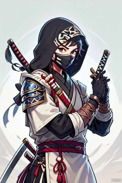 ninja, 1boy, solo, looking at viewer, gloves, male focus, black gloves, sword, hood, armor, mask, katana, shoulder armor, mouth mask, japanese armor