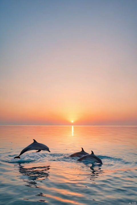 A landscape depicting a calm morning on the Blue Coast, with the sunrise light reflecting on the sea surface and a pod of dolphins actively bouncing around. The images convey new beginnings and the beauty of nature, giving the viewer a sense of hope and calm. The colors are pale blue, cream, and morning pink and orange, (masterpiece, best quality, perfect composition, very aesthetic, absurdres, ultra-detailed, intricate details, Professional, official art, Representative work:1.3)