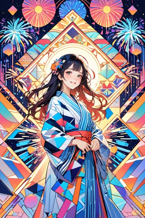 Seamless geometry,blank background,Geometric puzzle style,cute girl, shining eyes, 16 years old, hapiness,cute smile,flowing hair,Light blue geometric pattern yukata,Colorful geometric shapes,Vibrant colors,Sparkling fireworks in the background,Colorful geometric shapes,eye-catching composition,abstract pattern,Geometric symmetry,Striking visual impact,artistic interpretation,expressive brushstrokes,Translucent layers,contrasting tones,Warm and cool light exposure,Ethereal and magical atmosphere,seductive and captivating scene (masterpiece, best quality, perfect composition, very aesthetic, absurdres, ultra-detailed, intricate details, Professional, official art, Representative work:1.3), Dream Homes