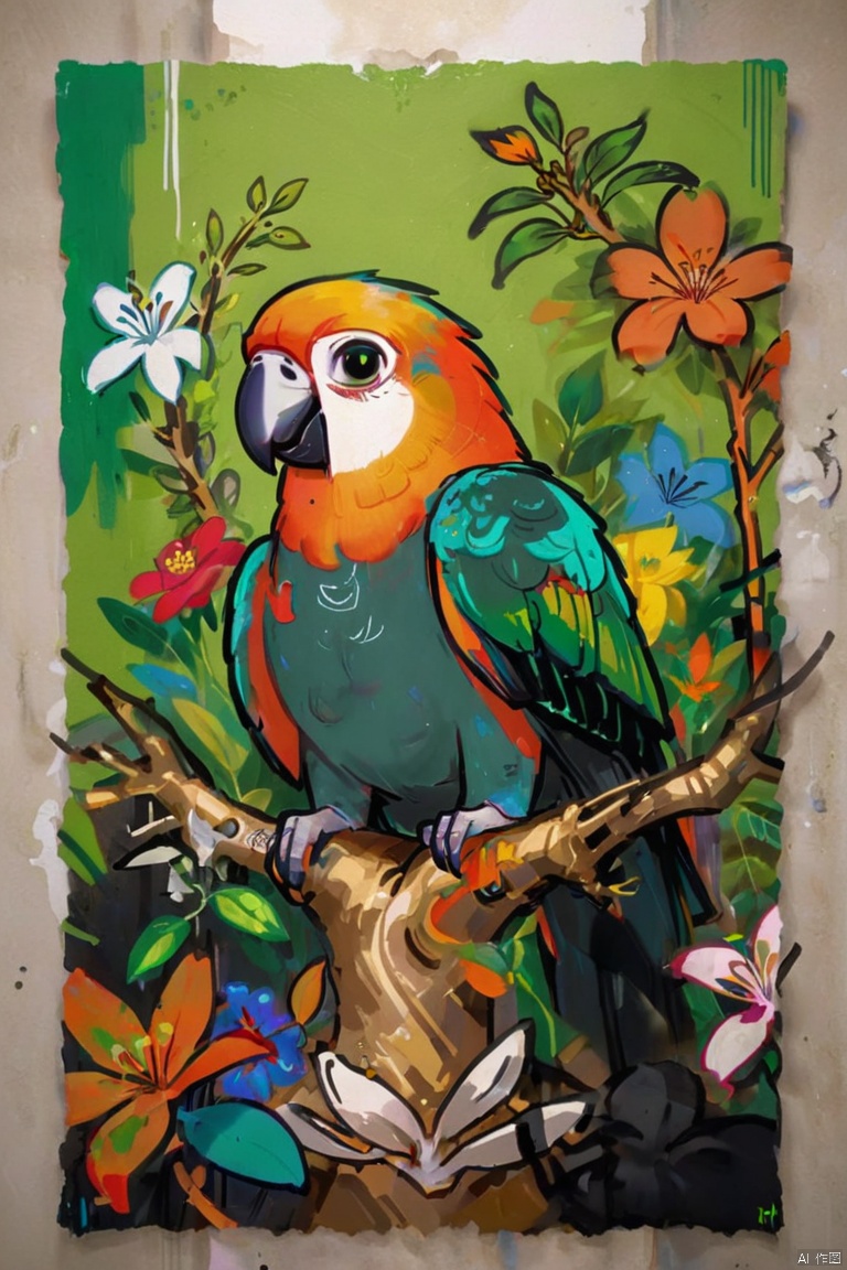 Rainforest,gold steel parrot,(Sophisticated and beautiful nest:1.5),branches,green leaves,Colorful flowers and diverse plants, graffiti in the style of Keith Haring,sharpie illustration, Bold lines and solid colors, Simple details, minimalist, peaceful light