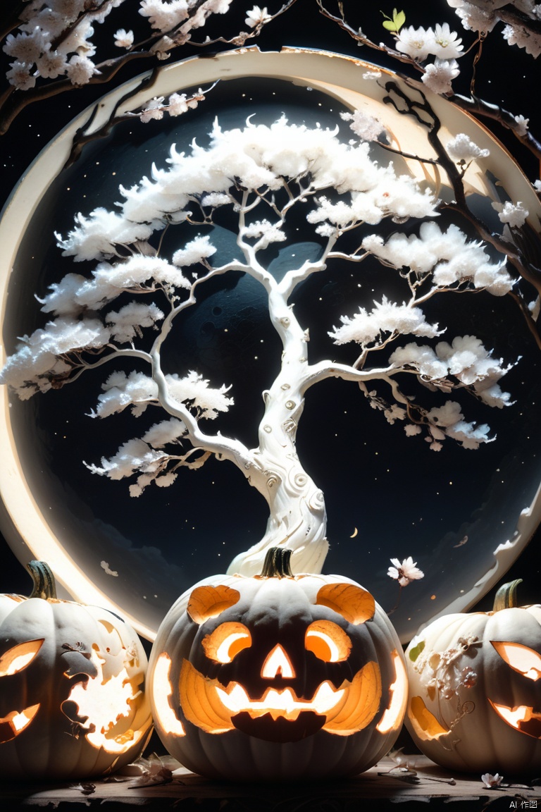 Intricately carved white pumpkin of cherry blossom trees, Jack-o'-Lantern in the moonlight, large moon in the starry night sky. Photography taken by canon eos r5, intricate, highly detailed, fantasy, perfect white balance, action shot, glow, sunlight, uhd edge lighting, prime photography, crisp and smooth line quality, intricate and cinematic details, vibrant nature, warm colors, Artstation, Pinterest, by Katsuhiro Otomo, octane render, (best quality, masterpiece, Representative work, official art, Professional, 8k:1.3)