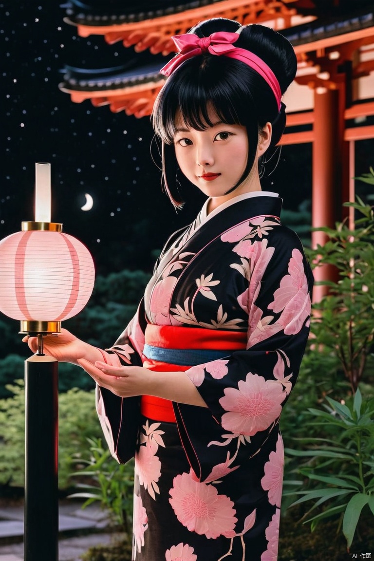 Symmetry, symmetrical, by Yoko Tsuno, holding a shoji lamp in the night outside a japanese pavillon, black and pink cheongsam, red hairband, garden, plants, flowers, crescent moon, 1990s \(style\), traditional media, retro artstyle, graphic novels illustration, cross hatching, (ultrahigh resolution textures), (volumetric, cinematic) lighting, (best quality, perfect masterpiece, byyue, Representative work, official art, Professional, high details, Ultra intricate detailed:1.3)