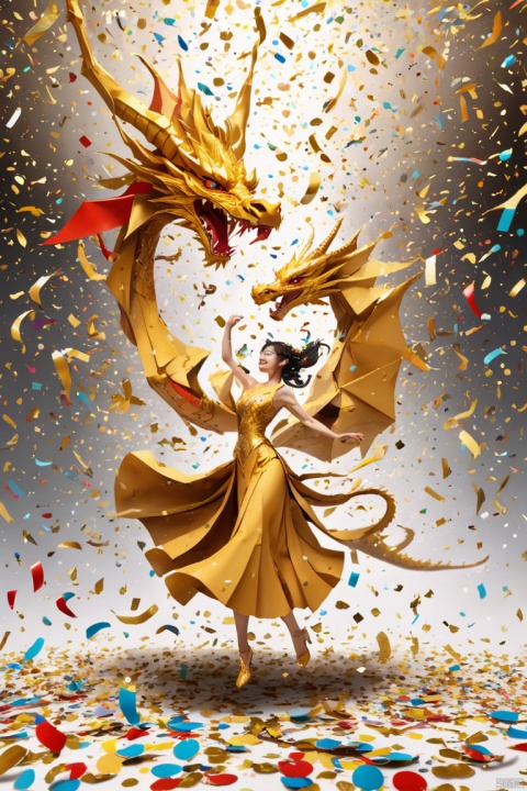(Golden dragon flying on huge confetti）,Confetti flying like the wind,Alyssa Lazer (Aliza Razell) style, beautiful details,Long range shooting,whole body,elevation angle,The art of paper, panoramic view, Ultra high saturation, (best quality, masterpiece, Representative work, official art, Professional, 8k)