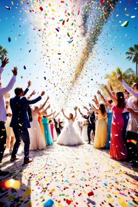 Colorful Confetti falling in the sun, dancing in the wedding ceremony, Colorful Confetti raining, soft lights, colorful confetti flying, colorful dust flying, spray celebration, holiday decorations, bright colors, wedding celebration, flash, vivid, happy, lively, Hope, joy, colorful, miraculous, soft colors, panoramic view, Ultra high saturation, (best quality, masterpiece, Representative work, official art, Professional, 8k)