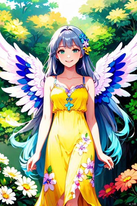 Frieren \(anime artwork\), girl, grey hair, long hair, bangs, angel wings, full body, flat color, (colorful), (zentangle), (flowers), petals, gouache painting, classical, noble, collarbone, colourful dress, shiny skin, shiny hair, long hair, barefoot, bare legs, delicate_features, pretty_face, bush, smiling, pure, lovely, enhance, intricate, (best quality, masterpiece, Representative work, official art, Professional, 8k)