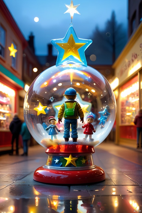 Double exposure photo image, combining a small toy country with toys and a glass star, a glass star stands in a Toy Store Window Display, inside a glass star a toy country with toys with its own details, finely drawn inside a glass ball, around a glass star Toy Store Window Display, Clear focus, large depth of field, Double exposure, hyperrealistic, extremely detailed, Ray tracing, Cinematic, HDR, UHD, (best quality, masterpiece, Representative work, official art, Professional, 8k wallpaper:1.3)
