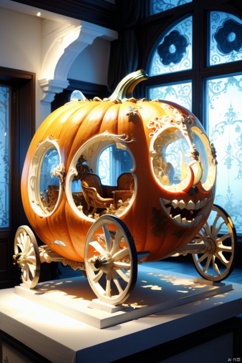 Pumpkin carriage, Carved pumpkin, Art Works, artistic and intricate design, Works made by skilled craftsmen, beautiful european style, elegant, fantasy art, magic, rococo style room, light from window, by Katsuhiro Otomo and Yoji Shinkawa, octane render, (best quality, masterpiece, Representative work, official art, Professional, 8k:1.3)