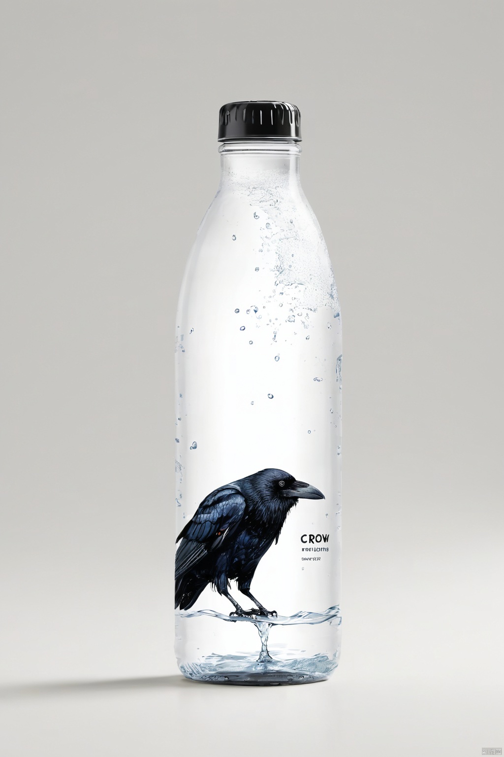 Modern packaging design, water bottle packaging, crow drinking water illustration, simple white background, HD resolution, simple style, actual, Natural light, (masterpiece, best quality, perfect composition, very aesthetic, absurdres, ultra-detailed, intricate details, Professional, official art, Representative work:1.3)