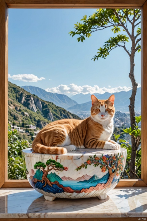 wide view, Mechanical body cat, sleeping on marble planter wooden pot, colorful scenic mountains clear sky through window panes background, (best quality, masterpiece, Representative work, official art, Professional, Ultra intricate detailed, 8k:1.3)