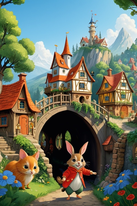 (dynamic illustration of Fairy Tale Village:1.2), (Richard Scarry), Fairy Tale theme, enhance, intricate, (best quality, masterpiece, Representative work, official art, Professional, unity 8k wallpaper:1.3)