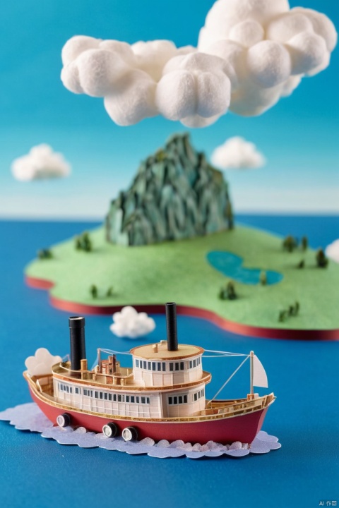 in a beautifully rendered papercraft world, a steamboat travels across a vast ocean with wispy clouds in the sky. vast grassy hills lie in the distant background, and some sealife is visible near the papercraft ocean's surface, (best quality, masterpiece, Representative work, official art, Professional, Ultra intricate detailed, 8k:1.3)
