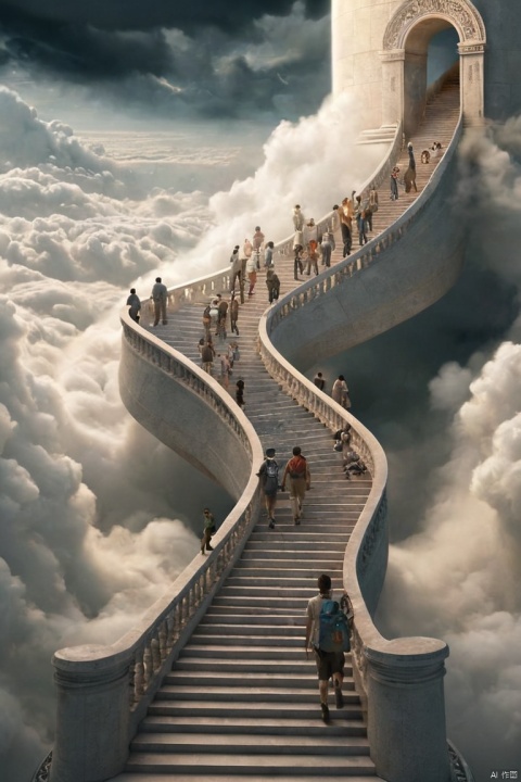 A surreal depiction of the quest for equality, represented by a vast, ((endless staircase winding through the clouds)), with diverse people climbing together toward a shining, elusive doorway at the top. The scene blends elements of fantasy and reality, with barriers along the path symbolizing various social obstacles. The mood is hopeful yet challenging, with ethereal lighting and symbolic motifs scattered throughout, (best quality, masterpiece, Representative work, official art, Professional, Ultra intricate detailed, 8k:1.3)