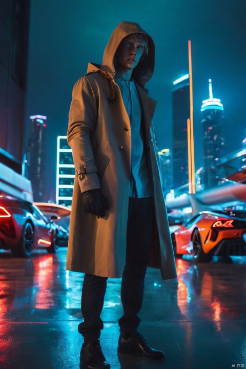 Wide-angle lens, cool, a young man, blue eyes, There is a sword on his back, Wear a hooded trench coat, Stand in front of futuristic cityscape with neon lights and flying cars, The contract with the future demon is clearly visible on his right eye, cyberpunk,sharp focus, (subsurface scattering), Winning photo, Full body image, Serious, Scary expression, In the airport shed at night, Close to private jets, dramatic lighting, (best quality, masterpiece, Representative work, official art, Professional, Ultra intricate detailed, 8k:1.3)