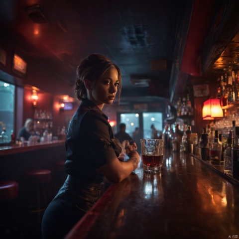 ultra wide angle,a bar scene,a female bartender,a few patrons,seems like a slow day,moody lighting,cinematic, photography,vibrant colors,dark color tones,foggy atmosphere, (masterpiece, best quality, perfect composition, very aesthetic, absurdres, ultra-detailed, intricate details, Professional, official art, Representative work:1.3)
