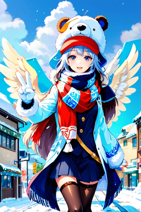 Frieren \(anime artwork\), girl, grey hair, long hair, bangs, angel wings, full body, Exaggerated perspective, wide angle POV shot, Give a "V" victory sign, foreshortening, on the Hokkaido city, highres, scarf, bear hat, flying snow, girlfriend feel, deep blue sky, good memory, enhance, intricate, (best quality, masterpiece, Representative work, official art, Professional, 8k)