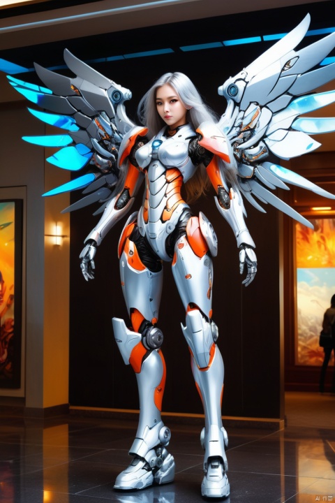a mecha girl painted on lobby wall, (silver long hair), full-body, mechanical wings, panoramic, bright and vivid colors, intricate, (best quality, masterpiece, Representative work, official art, Professional, 8k)