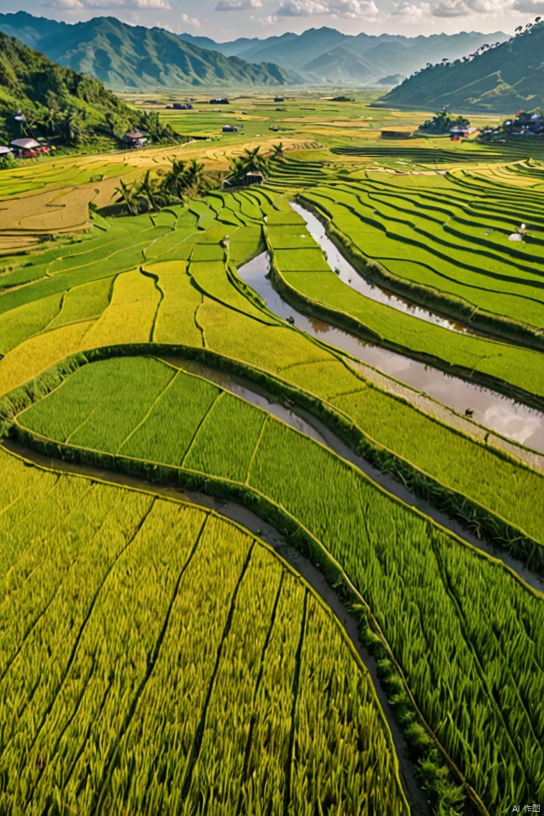 bird-eye view of the horizon,lush rice fields,undulating like an emerald green ocean。The gentle wind blows through the rice ears,Create an undulating effec like the rice fields are performing an elegant dance。Different shades of rice fields from emerald green to golden,Charming gradients as the seasons change。in the soft afternoon sun,Creates vivid light and shadow effects on rice fields,Outline the texture and undulations of the rice fields。Emphasizing the uniform rectangular shape of the rice fields,Create a sense of visual rhythm and order。Rice fields reflect the sky and clouds,Create a dreamlike sense of unreality。Relationship between rice fields and surrounding environment,Surrounded by dense forests、river or winding mountain range。Glowing orbs floating above rice fields or misty distant mountains, (best quality, masterpiece, Representative work, official art, Professional, Ultra intricate detailed, 8k:1.3)