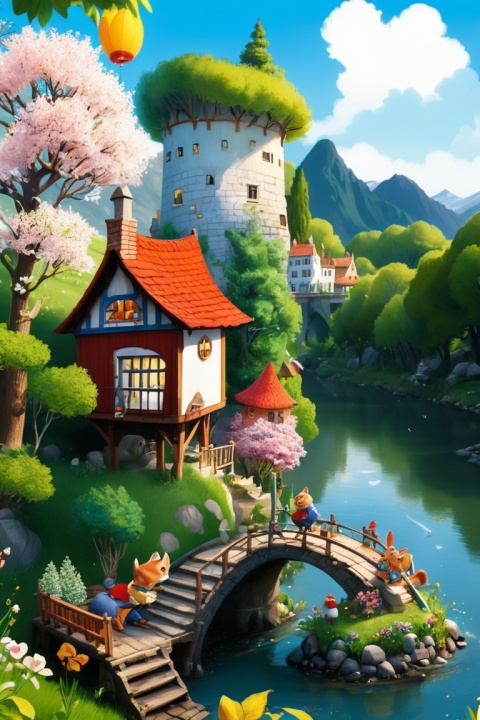 (Fairy Village:1.2), Richard Scarry, lovely, river, intricate, (best quality, masterpiece, Representative work, official art, Professional, unity 8k wallpaper:1.3)