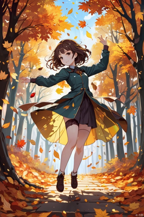rich and colorful anime art, gold leaf, romantic illustration, fallen leaves, leaves in the air, dancing leaves, floating leaves, a girl made of stained glass, autumn forest, shadow flat vector art, (best quality, masterpiece, Representative work, official art, Professional, unity 8k wallpaper:1.3)