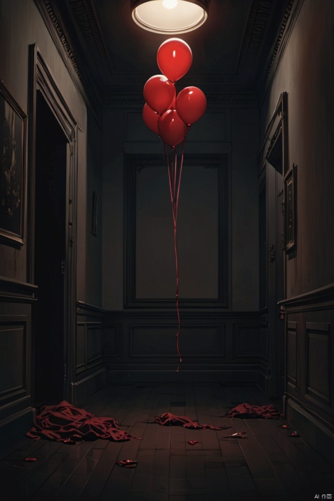 a single red balloon floating in the middle of an empty room, dimmed lighting, horror, ominous, (masterpiece, best quality, perfect composition, very aesthetic, absurdres, ultra-detailed, intricate details, Professional, official art, Representative work:1.3)