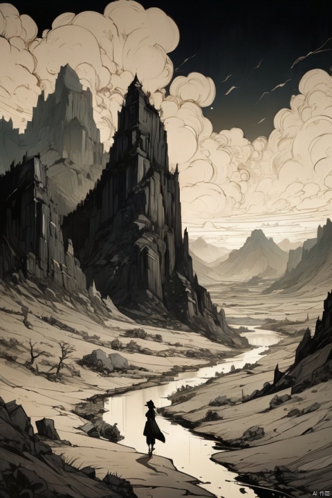 professional photograph of a tepid epic landscape by Abigail Larson and Dustin Nguyen and martin parr , bold lines, hyper detailed, dark limited palette, dramatic lighting, (best quality, masterpiece, Representative work, official art, Professional, Ultra intricate detailed, 8k:1.3)