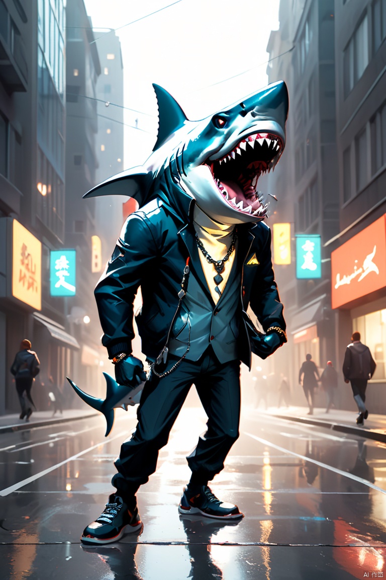 stylish anthropomorphic shark, jacket, metal necklace, cool, walking pose, city streets, (best quality, masterpiece, Representative work, official art, Professional, 8k:1.3)