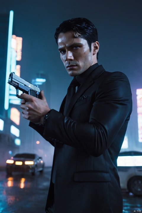 rainy night,Futuristic male agent, His face is very determined, intense gaze, shiny black hair, Detailed futuristic silver pistol,,wearing black suit,, Stylish and well-fitting, dynamic action poses, Light, futuristic city background, neon Lights, Sci-fi atmosphere, strong shadow, smoke and fog, High-tech products, (best quality, masterpiece, Representative work, official art, Professional, Ultra intricate detailed, 8k:1.3)