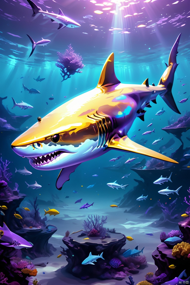 Futuristic transparent ethereal shark,Golden Mechanical Skeleton Shark,mechanical joint shark,blue light control eye,(Purple light cosmic energy field surrounds shark),Digital neural network,Futuristic deep sea landscape,Shark virtual holographic digital avatar,Complex illustrations in surrealist art style,Surreal dreams,Future dream underwater landscape,coral reef,fish flocks,Diversity of marine life, (best quality, masterpiece, Representative work, official art, Professional, 8k:1.3)