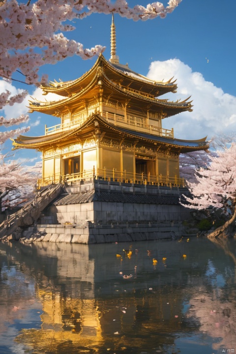 concept artists, warm color palette, dramatic lighting,no humans,A temple with gold leaf pasted on the entire building stands on the water, a golden phoenix at the top of the temple, a blue sky, a blizzard of cherry blossoms,(anime style),wide view, (masterpiece, best quality, perfect composition, very aesthetic, absurdres, ultra-detailed, intricate details, Professional, official art, Representative work:1.3)