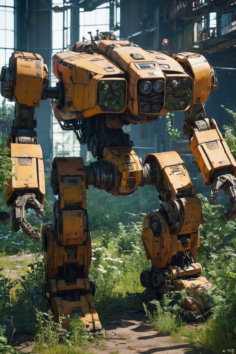 An abandoned mech, massive unit left in a rundown factory, overgrown vegetations,best quality,ultra-detailed,realistic,photorealistic:1.37, HDR,UHD,studio lighting,ultra-fine painting,sharp focus,physically-based rendering,extreme detail description,professional,vivid colors,bokeh,sci-fi,industrial,harsh lighting, (best quality, masterpiece, Representative work, official art, Professional, Ultra intricate detailed, 8k:1.3)