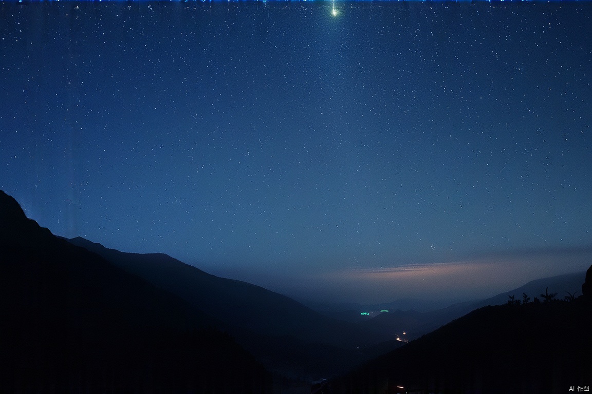 Looking up, the sky is sparsely dotted with seven or eight stars, twinkling in the distant sky. Before the undulating mountains, there were two or three drops of light rain gently falling, bringing a hint of coolness and nourishment to this peaceful night.