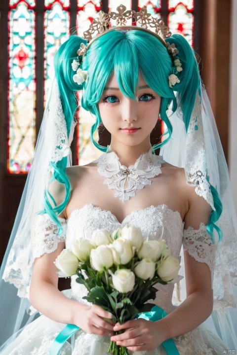 Symmetry, symmetrical, upper body, close view, Beautiful and cute slim Hatsune MIku, blush, 135mm, f2.8, dressed in wedding dress with lace, gothic dress, beautiful catholic church, holding bouquet of flowers, (big long curly cyan hair:1.45), (warm) rim light, (best quality, perfect masterpiece, byyue, Representative work, official art, Professional, high details, Ultra intricate detailed:1.3)