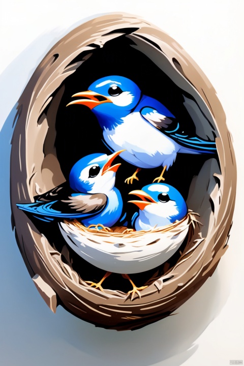 Gouache style, Beautiful detailed ,Mother swallow is feeding the little swallow in the nest,Two little swallows open their mouths,Use their young mouths to fight for the little bugs brought by their mothers,Feathers shine with blue-black sheen,Each piece is like a carefully polished gem,Exudes a charming light, The nest is sometimes built in a tree cavity,The nest is mainly made of a mixture of mud and saliva,cup or disk,The nest has a rough appearance,Color is gray or brown,smoother inside,The color is slightly lighter, snow covered nest, panoramic, Ultra high saturation, bright and vivid colors, intricate, (best quality, masterpiece, Representative work, official art, Professional, 8k)