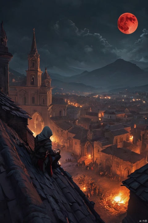 (Horde of Assassins Creed), polarized, at night, Sitting on the roof of ancient Church, looking down on to the burning city, Red Moon, filled with forbidden knowledge, where scholars and sorcerers search for lost spells among the dusty tomes. Ghostly guardians patrol the aisles, ready to protect the secrets within, dark magic and grotesque creatures abound, punk aesthetic, dark fantasy world combines grim landscapes with vibrant, Deep colorful art, heroes skirmish monstrous foes in a setting where rebellion, decay, and mysticism intertwine, crafting a unique, immersive vibe, hyper detailed, professional poster art, bold lines, award winning, trending on ArtStation , (intricate details, masterpiece, best quality), dynamic pose, (masterpiece, best quality, perfect composition, very aesthetic, absurdres, ultra-detailed, intricate details, Professional, official art, Representative work:1.3)
