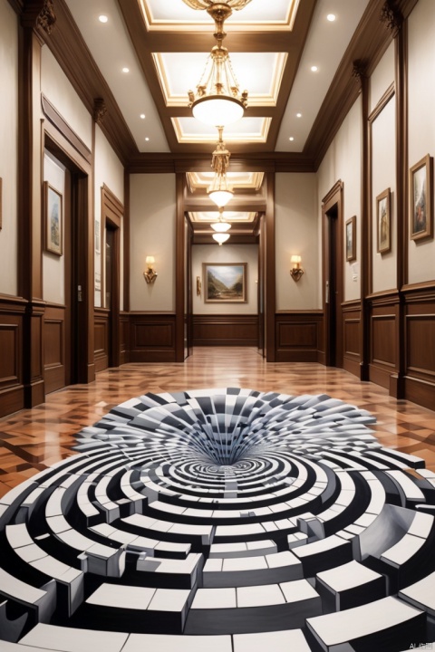 Optical illusion art, 3D painting on the lobby floor,3D artwork,Surrealism,The details are impeccable, intricate, (best quality, masterpiece, Representative work, official art, Professional, 8k)