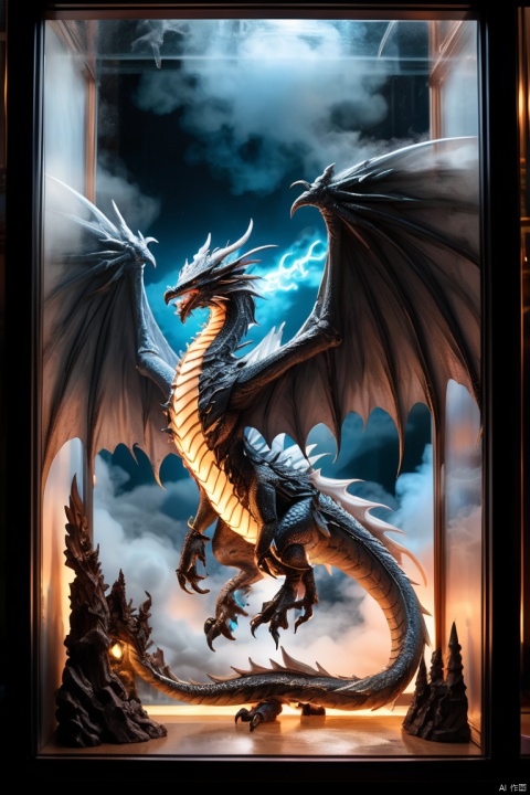 intricate detail illustration, in Toy Store Window glass case Display, figure of fine detail Bahamut inside the glass case, Eyes that shine coldly, beautiful detail eyes, giant wings, single big tail, hovering on upper cloud illustration, dark fantasy like coloring, intricate fine detail brush works, stunning ultra detail render, hot-like smoke with dim glow, frozen motion glass, thunder and flash lightning backdrop, dragon face inspire of face, crazy fantastic scene, (best quality, masterpiece, Representative work, official art, Professional, unity 8k wallpaper:1.3)