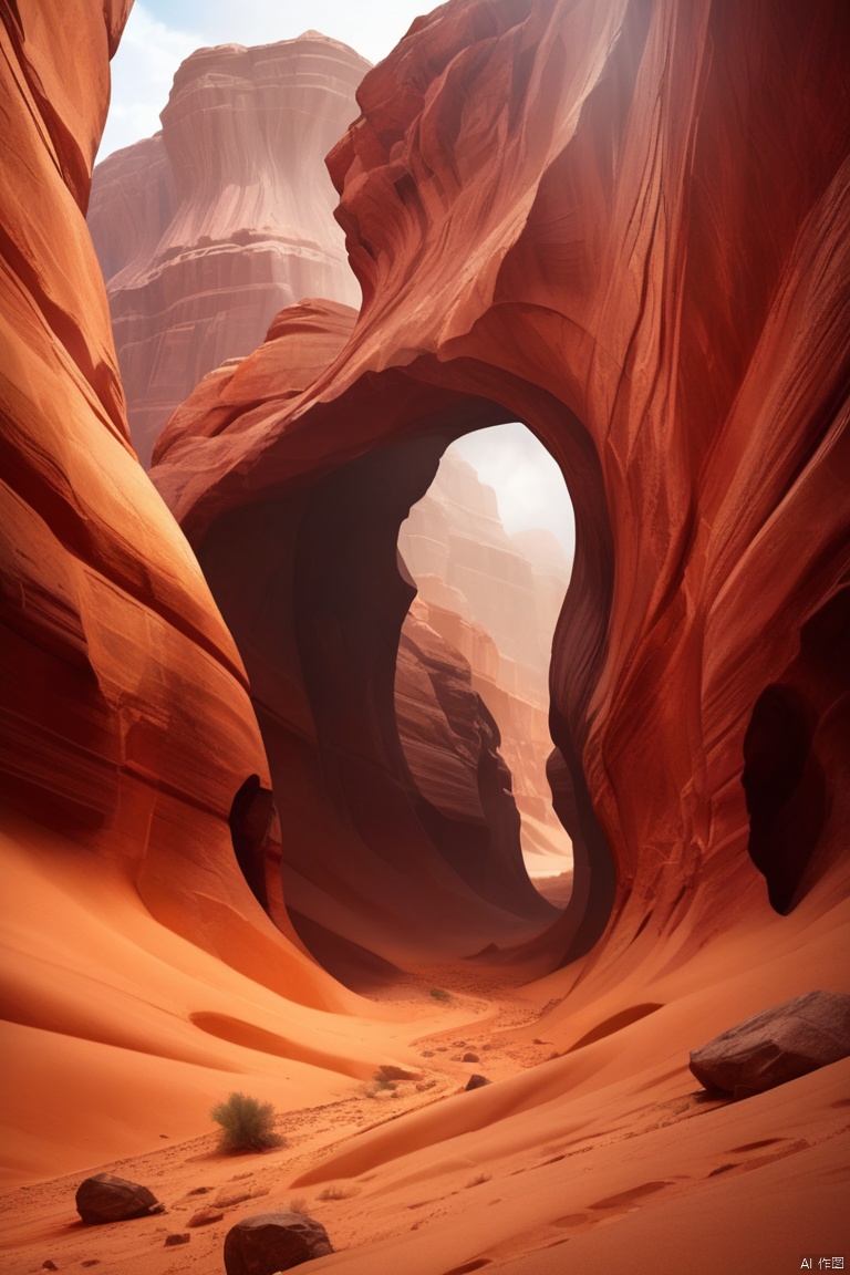 desert canyon,Narrow canyon in the middle of the desert, sandstorm,tornado,dramatic scenery, red sandstone formation, huge rock cliff, stunning landscape, deep and narrow ravine, in the style of photo realistic landscapes, Stone sculptures, tumbling wave, enhance, intricate, (best quality, masterpiece, Representative work, official art, Professional, unity 8k wallpaper:1.3)