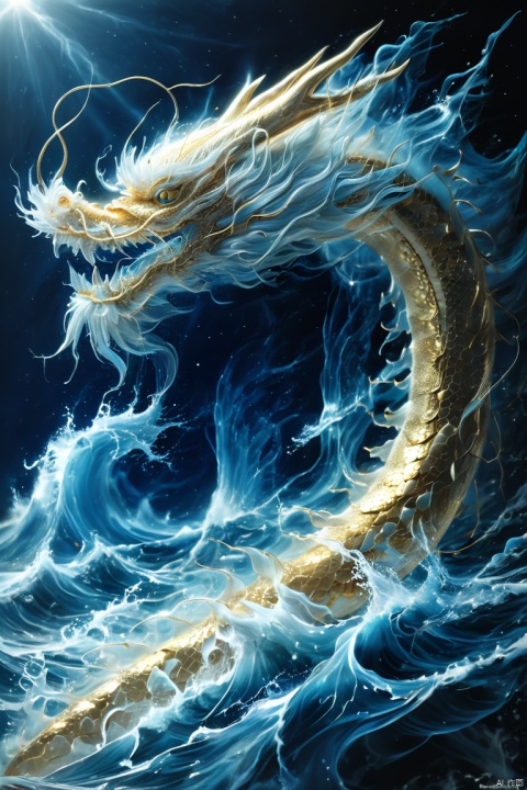 A Chinese golden dragon soars between the sea and the sky, with huge waves rolling. Its body is as swift as lightning, its scales shimmer with silver light, and its eyes sparkle like stars, revealing endless wisdom and majesty. The tail swept over the sea, causing rough waves. On the azure sea surface, it is like a beautiful painting. It possesses endless power and majesty, and the entire scene is awe inspiring, mysterious, and yearning, fantasy art, panoramic view, Ultra high saturation, (best quality, masterpiece, Representative work, official art, Professional, 8k), particles,dragon, x-ray