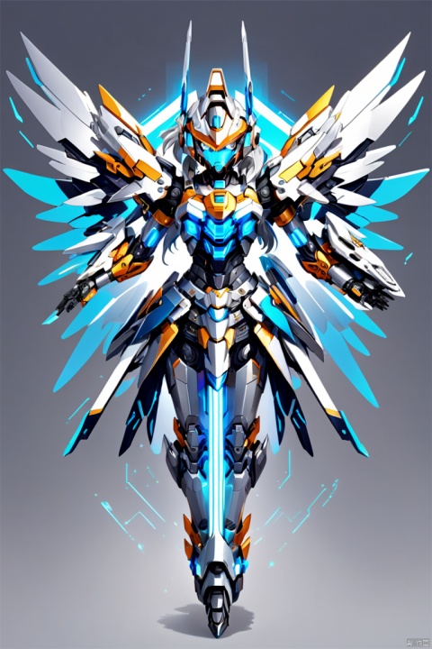 tshirt design, T-shirt design of a mecha girl, (silver long hair), full-body pose, mechanical wings, dynamic angle, (best quality, masterpiece, Representative work, official art, Professional, 8k:1.3)