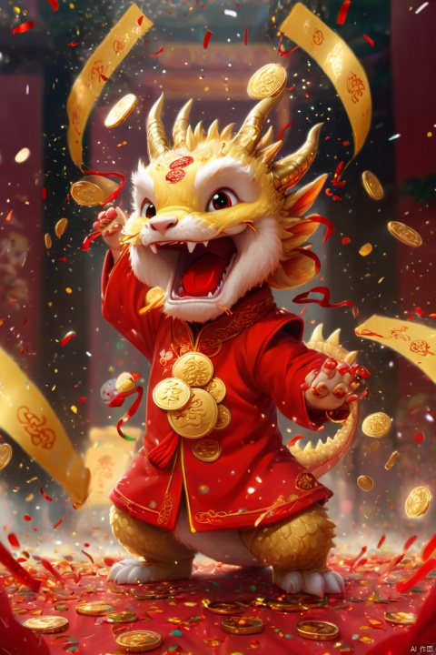 Chinese New Year, oriental dragon, cute dragon cub, big furry head, red clothes, Gold coin rain, Many gold coins burst out, Red and gold confetti, firecrackers, strong festive atmosphere, panoramic view, Ultra high saturation, (best quality, masterpiece, Representative work, official art, Professional, 8k)