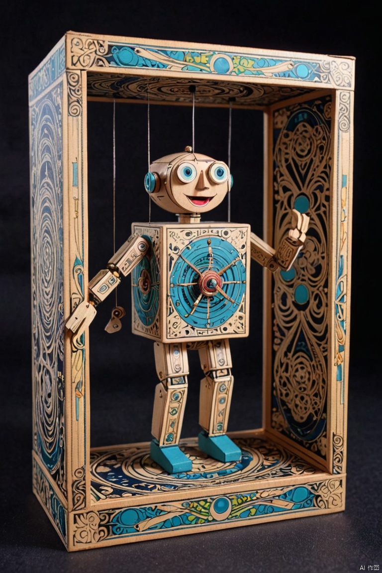 magical Mechanical puppet in The Box Toy Surprise Boxes with Spring , about the curvature of space time, jumping from the box, art deco, zentangle, full colored,3d crunch, cinematic, (best quality, masterpiece, Representative work, official art, Professional, Ultra intricate detailed, 8k:1.3)