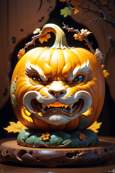 A Pumpkin Carvings Pi Xiu, smooth surface, rimming light, Wood grain background, playful illustrations, playful, dreamy imagery, Chinese style, extremely detailed, soft lighting, soft contrast, incredible art, wlop, artstation, artgerm, octane render, (best quality, masterpiece, Representative work, official art, Professional, 8k:1.3)