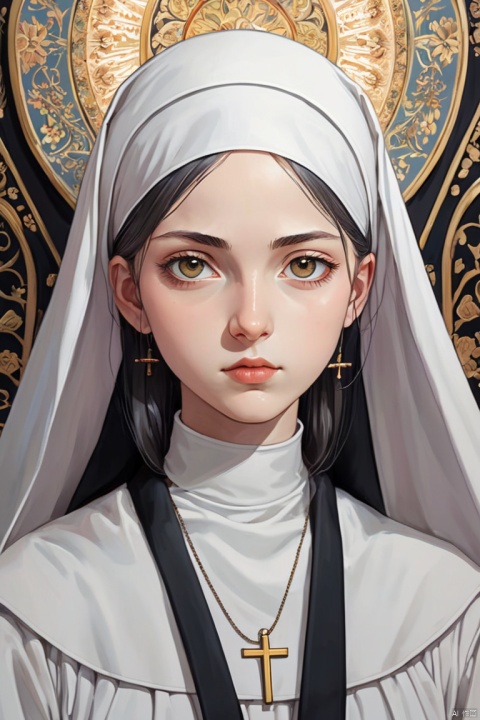 manga art style, beautiful young Nun, by Oleksandra Ekster, (masterpiece, best quality, perfect composition, very aesthetic, absurdres, ultra-detailed, intricate details, Professional, official art, Representative work:1.3)