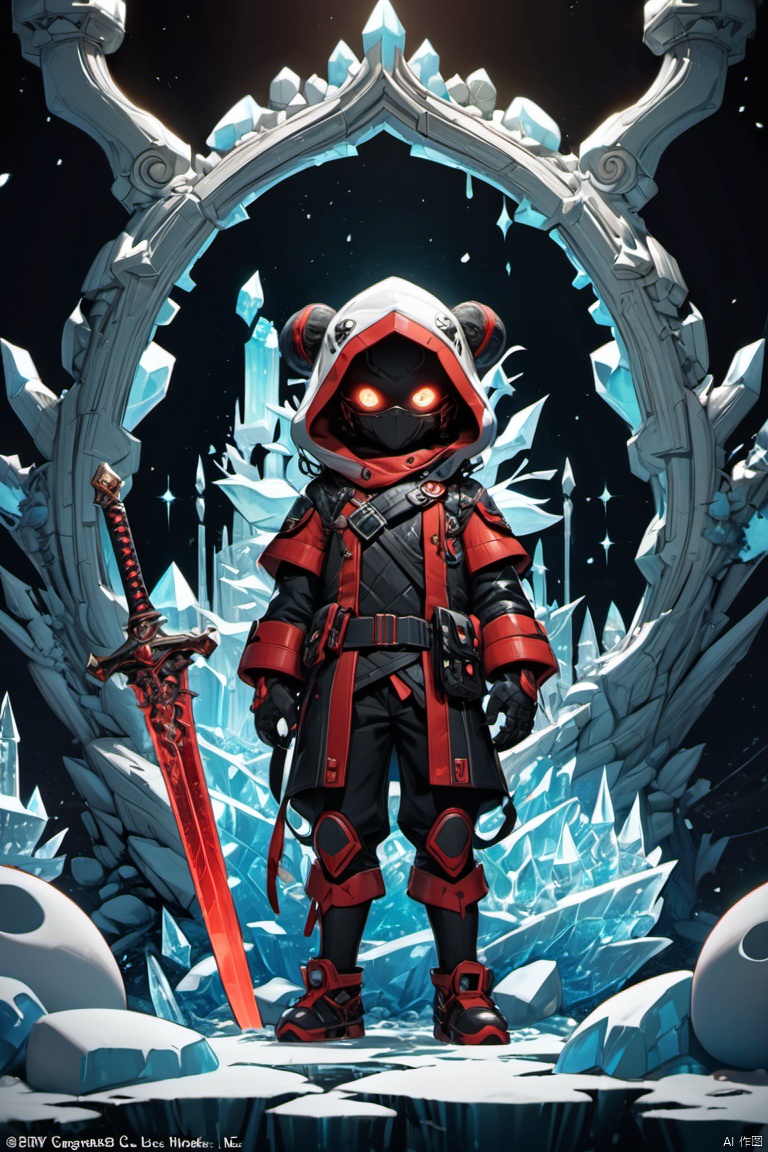  Ghost Swordsman,Dream colors,Best quality,UHD,HDR,high resolution,unreal engine 5,ultra-detailed,hyper realistic,depth of field,symmetrical composition,full body,low saturation,3D rendering,red and black tone,Skottie Young,Blacklight,Ice kingdom, (masterpiece, best quality, perfect composition, very aesthetic, absurdres, ultra-detailed, intricate details, Professional, official art, Representative work:1.3), Game CG style